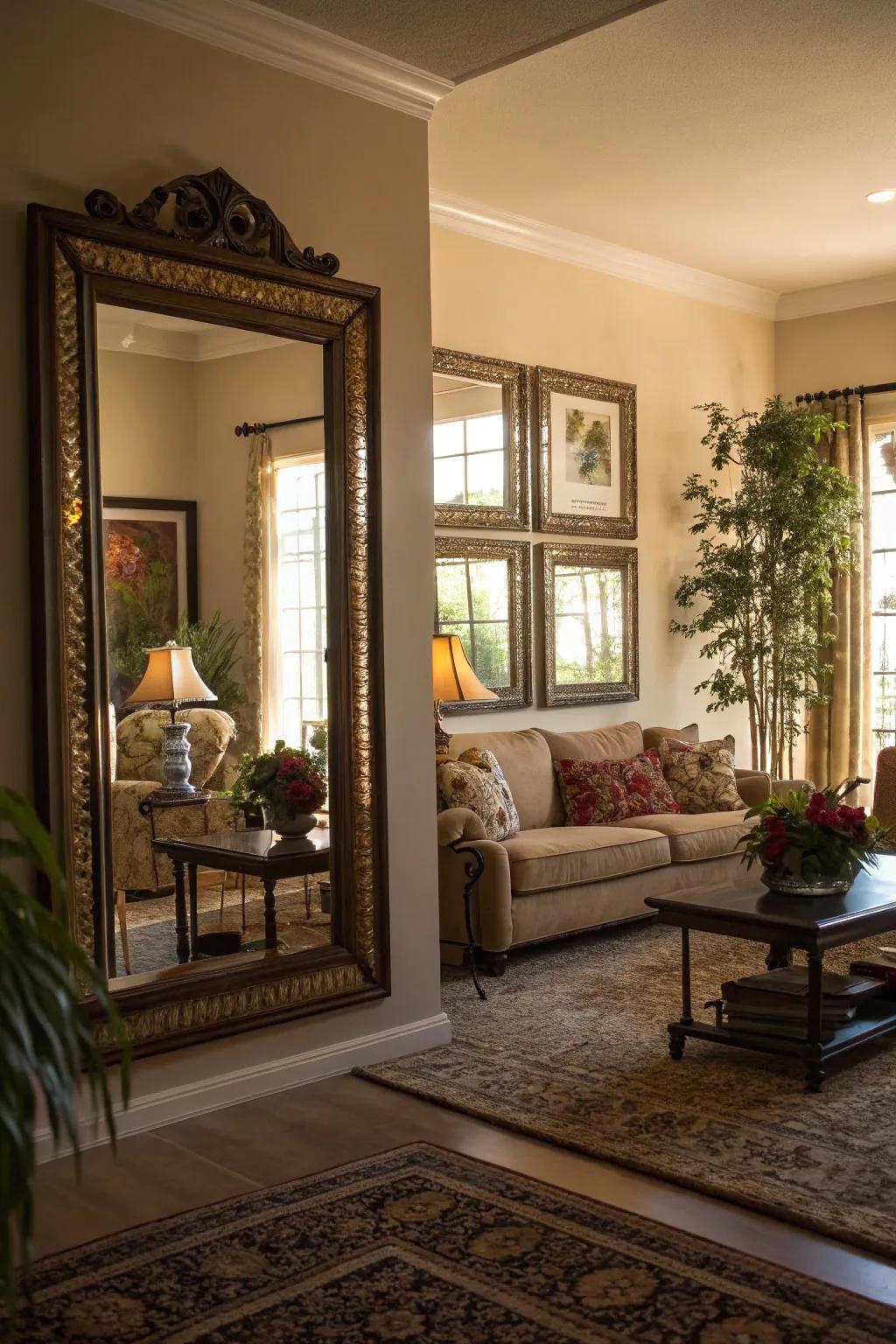 Reflective surfaces enhancing light in a moody living room.