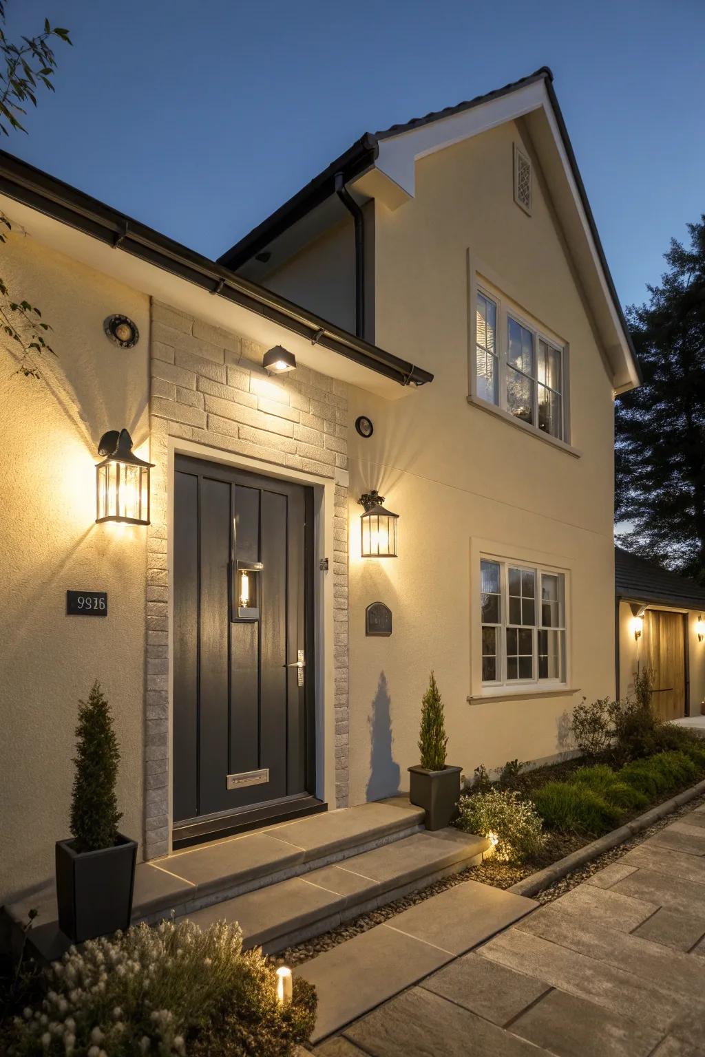 Dark grey front door provides a sophisticated contrast to a beige house.