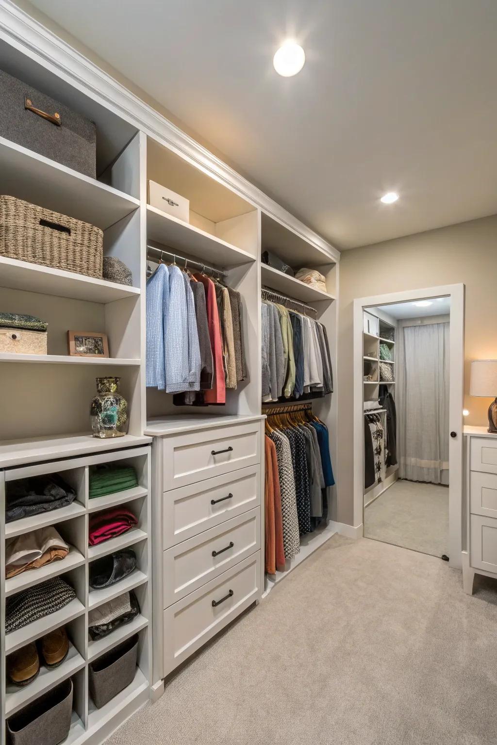 A flexible closet system adapts to any storage needs.