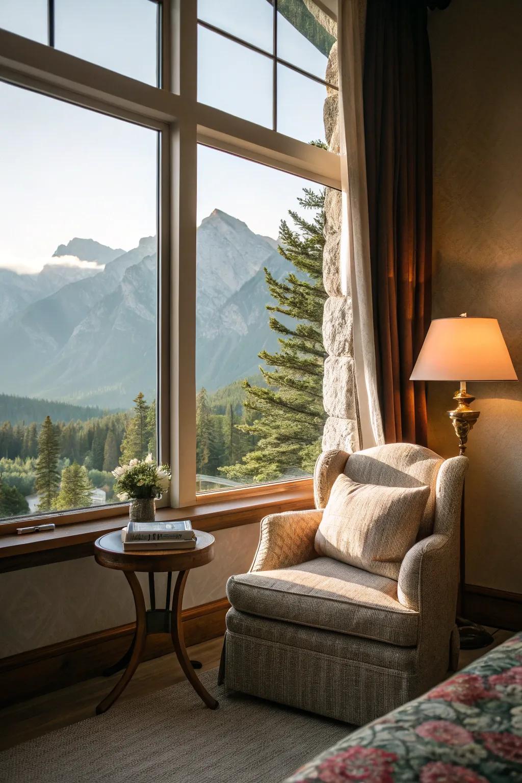 A studying alcove offers a tranquil getaway that has a picturesque perspective.