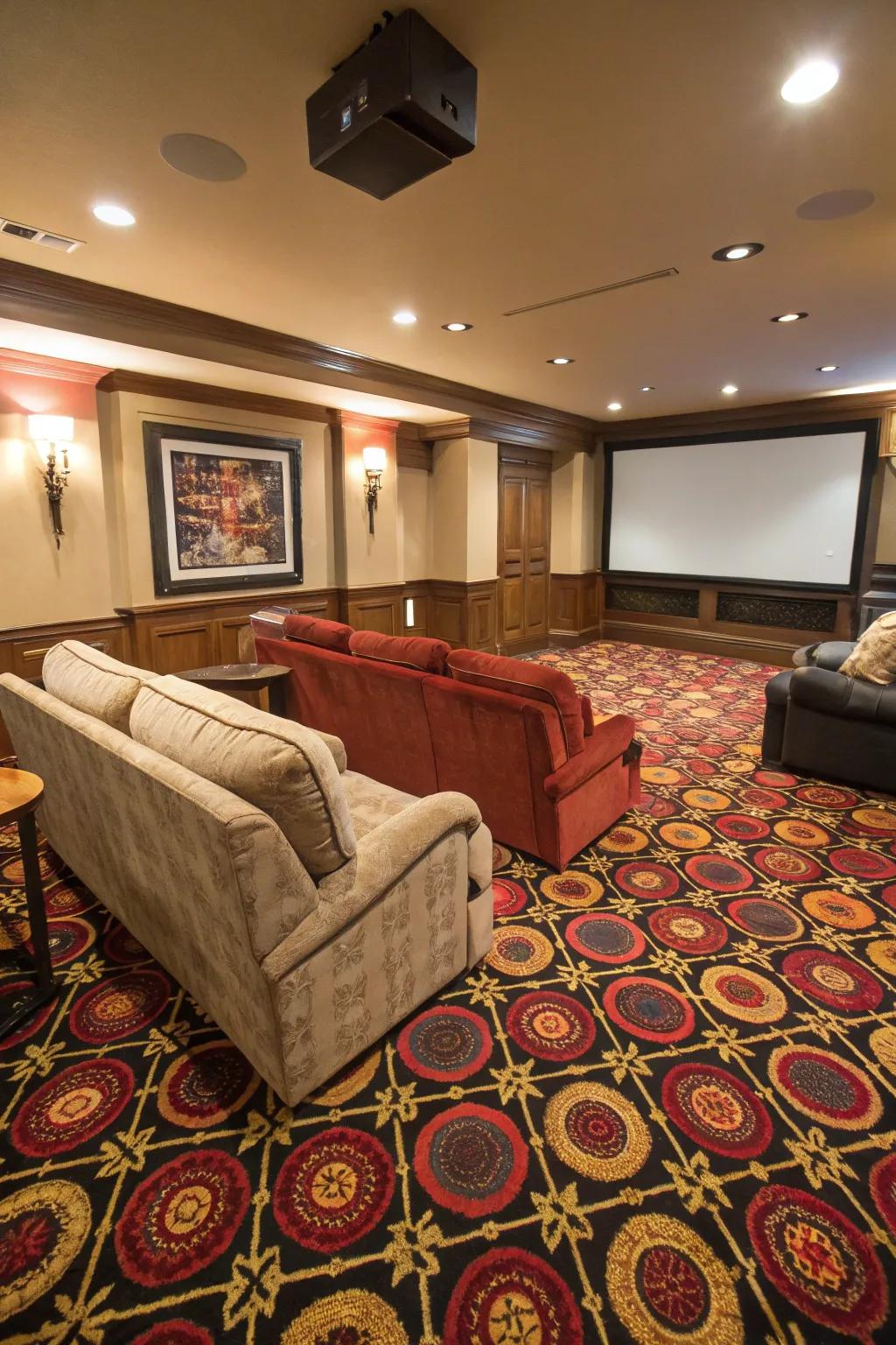 A bold carpet contributes character to your movie space.