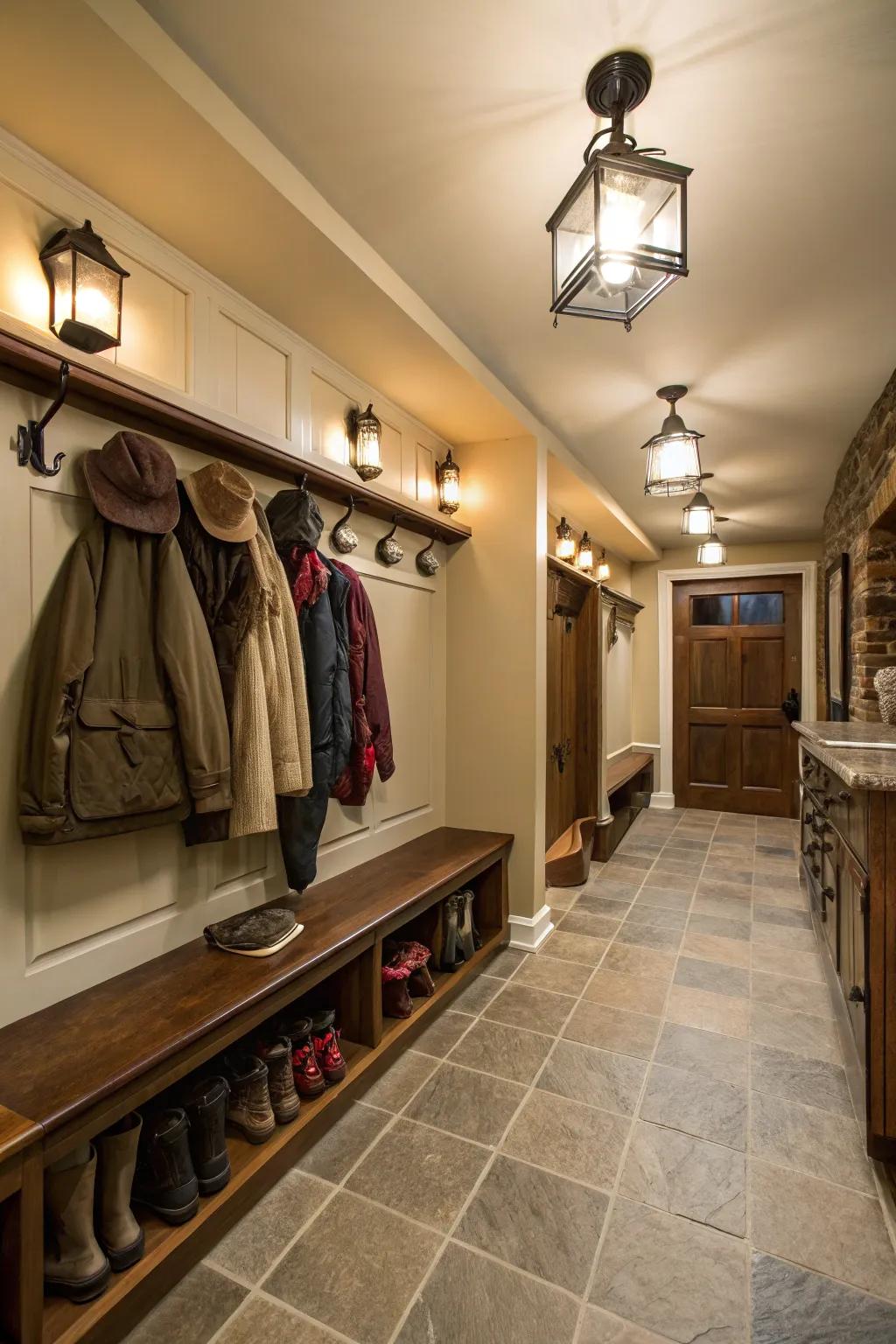 Lighting that elevates the mood and usefulness of the mud room.