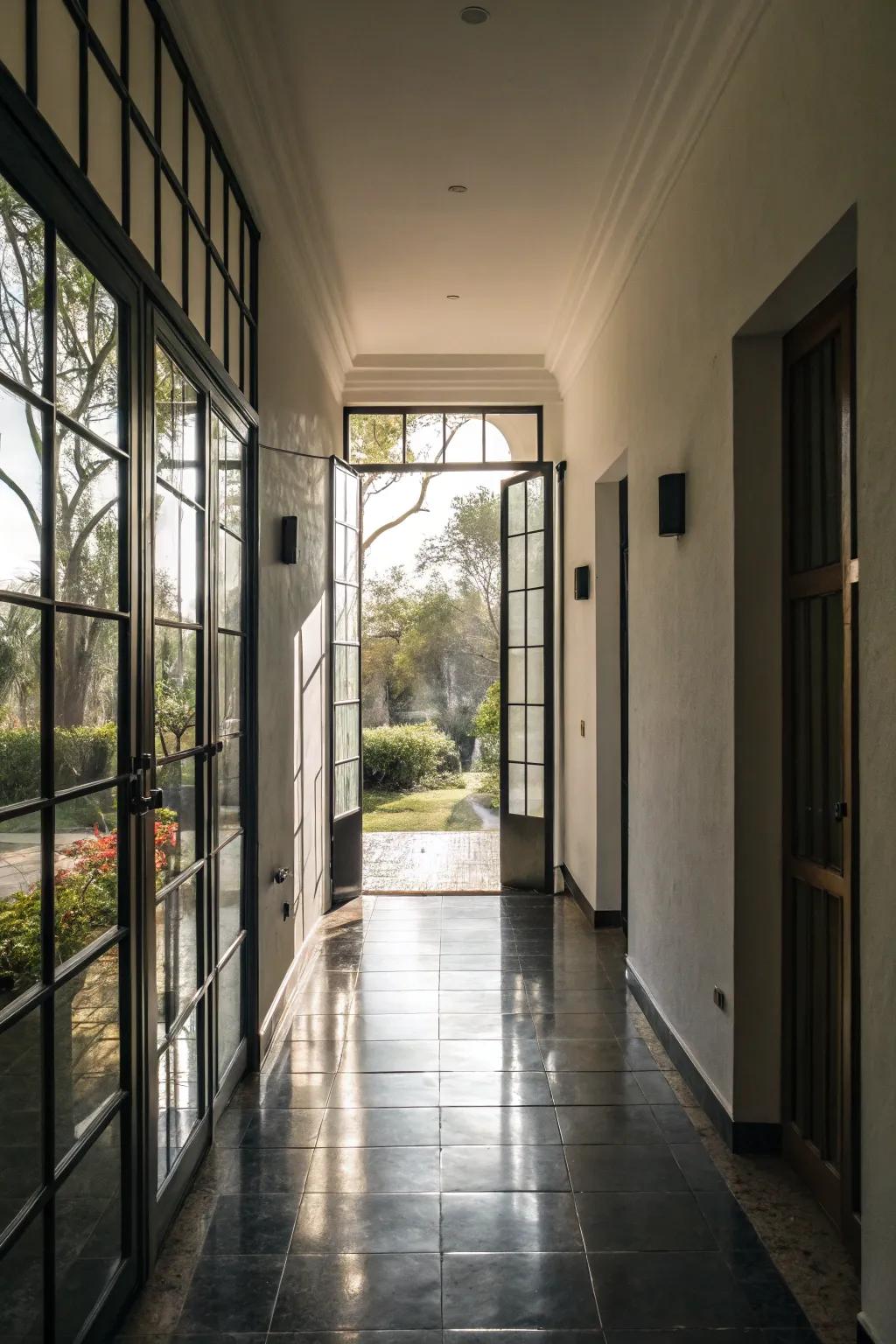 Glass accents can facilitate illumination to permeate a narrow hallway, establishing a more radiant area.
