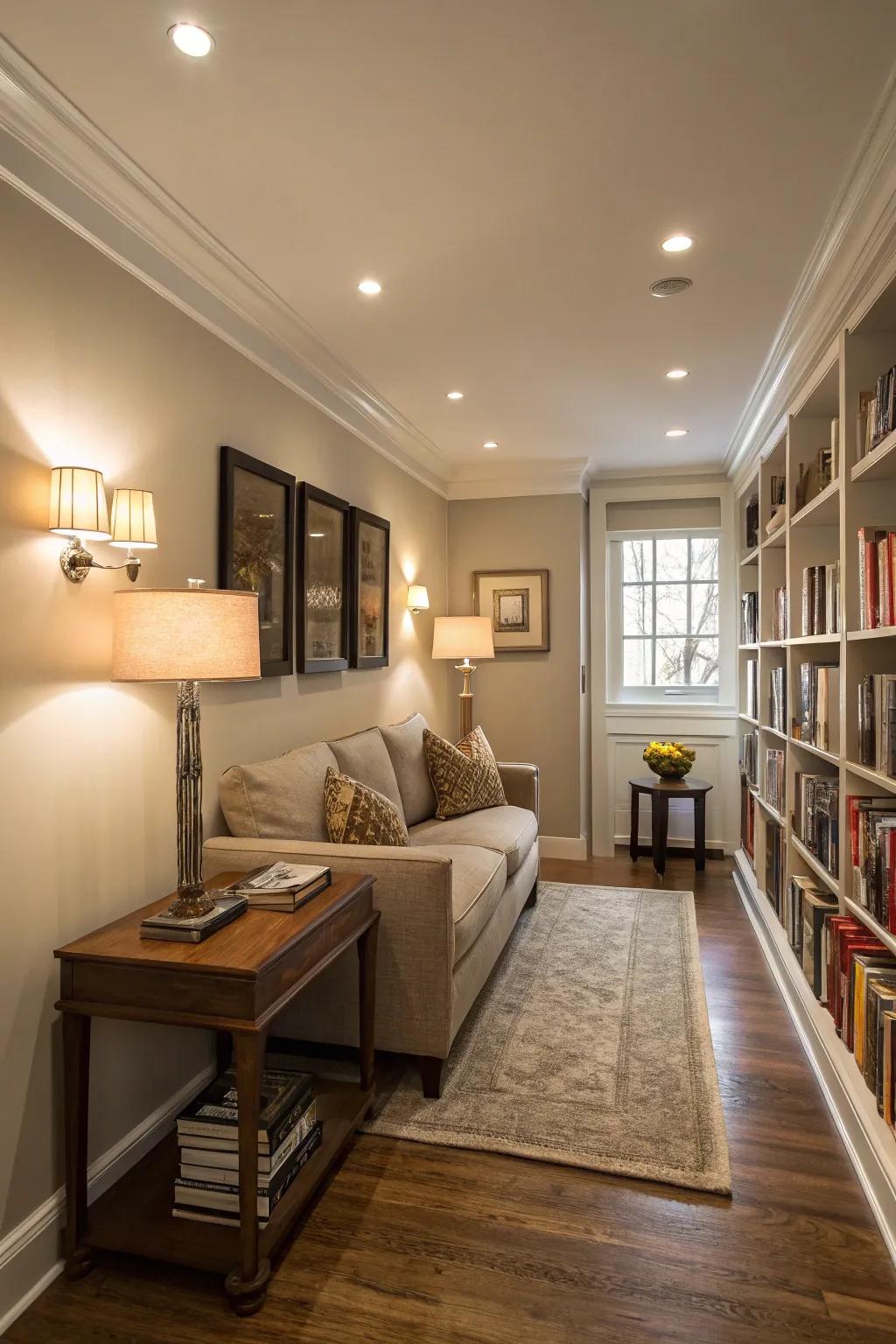 Multilayered lighting creating depth within a compact living space.