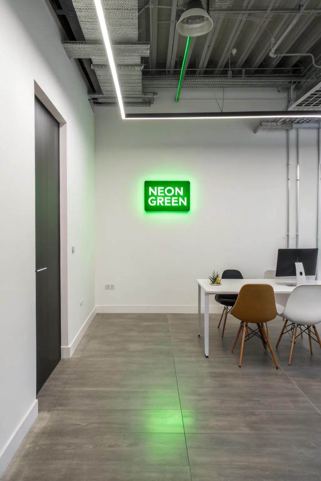 A bright neon design creates a striking contrast in a minimalist office.