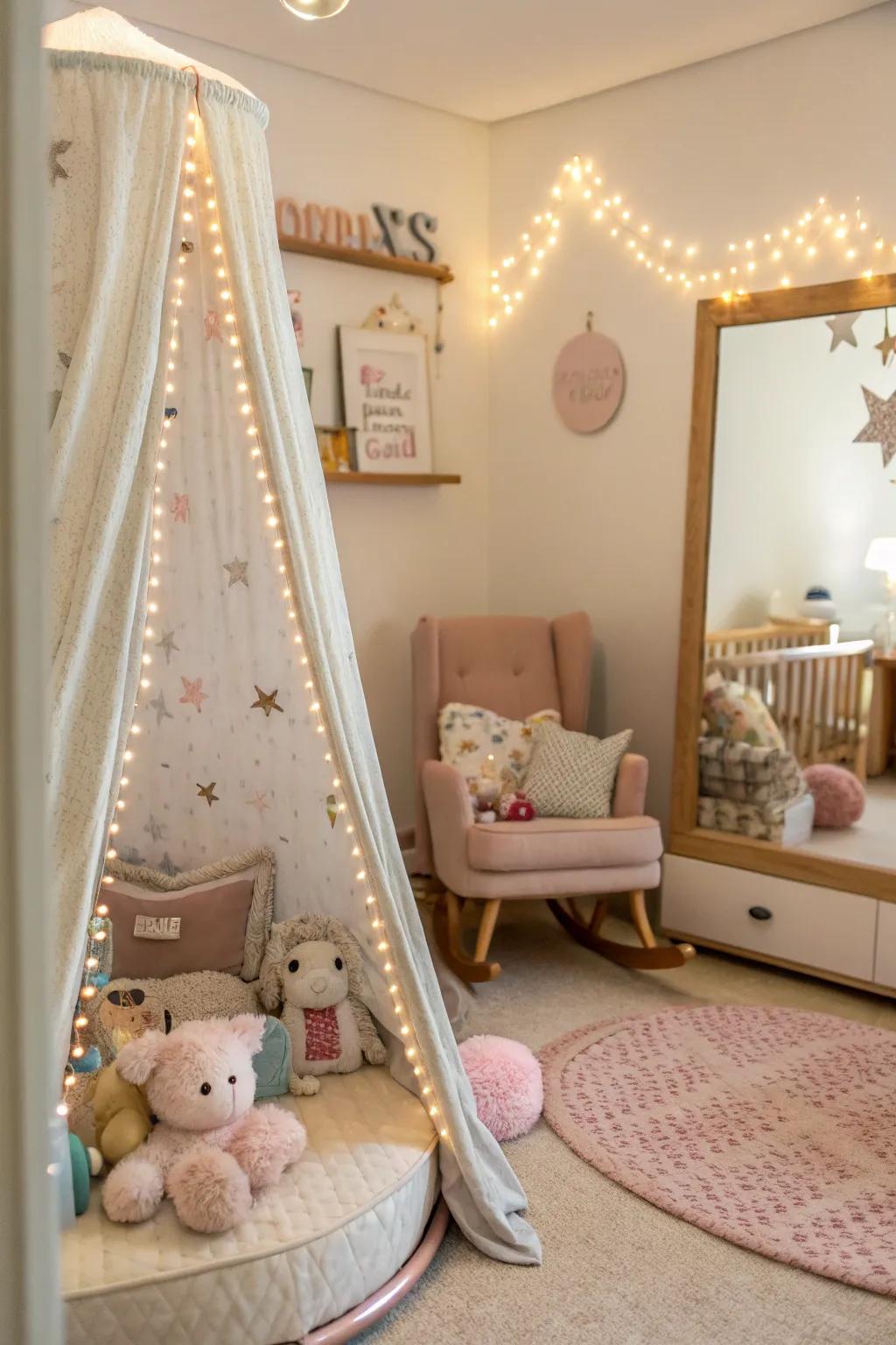 A reflector mirroring a canopy enhances the cozy vibes of this nursery.