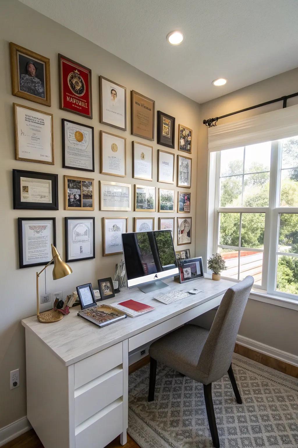 A gallery wall showcasing achievements enhances your professional Zoom background.