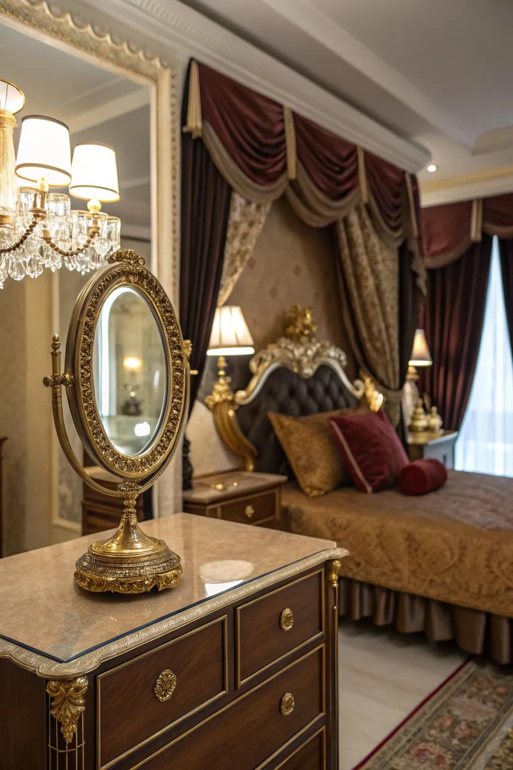 Ornamental mirrors heighten richness.