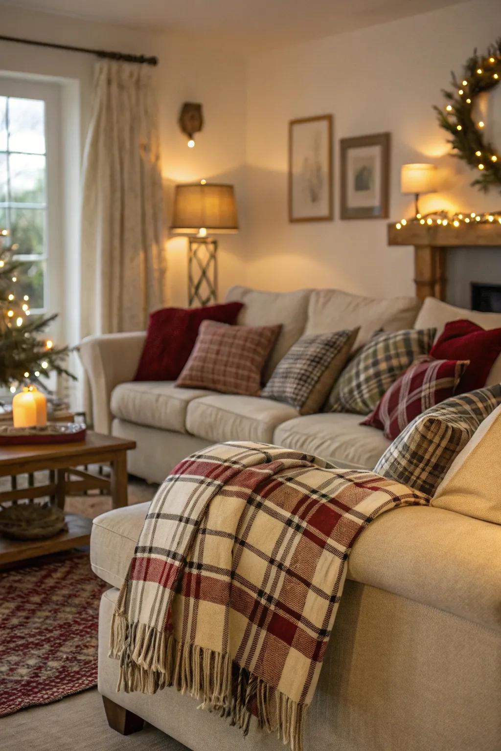 Checkered textiles contribute snugness and warmth to your holiday decor.