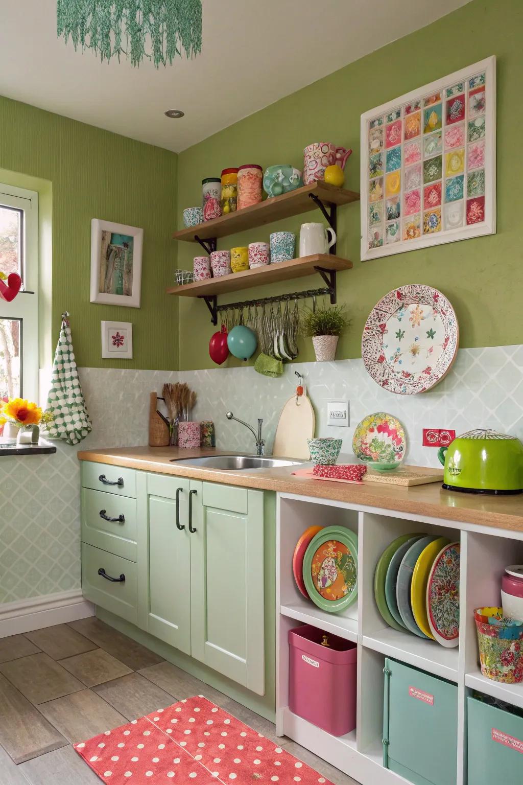 The olive green walls provide a breath of fresh air in the kitchen.