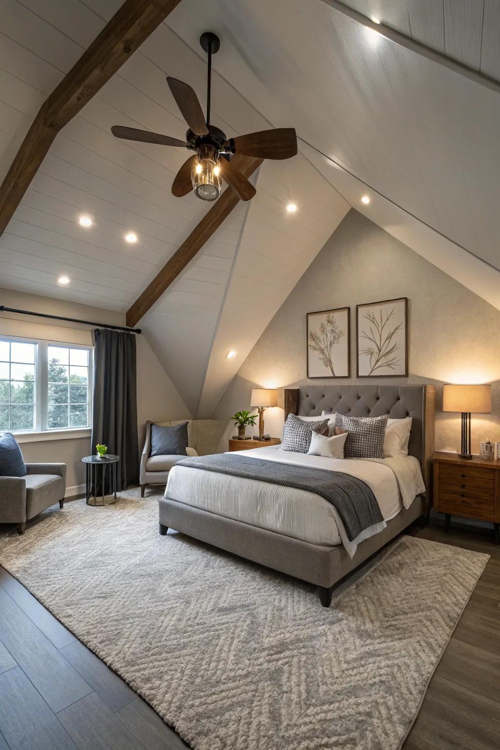 A contemporary boudoir showcasing a fashionable overhead oscillator contributing both structure and utility.