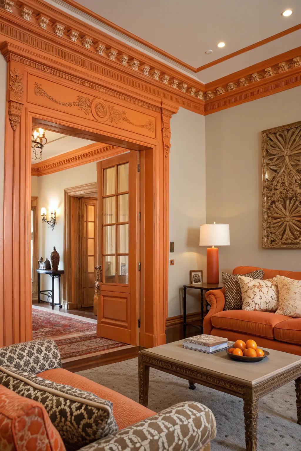 Orange accents highlight architectural elements, adding a modern touch.