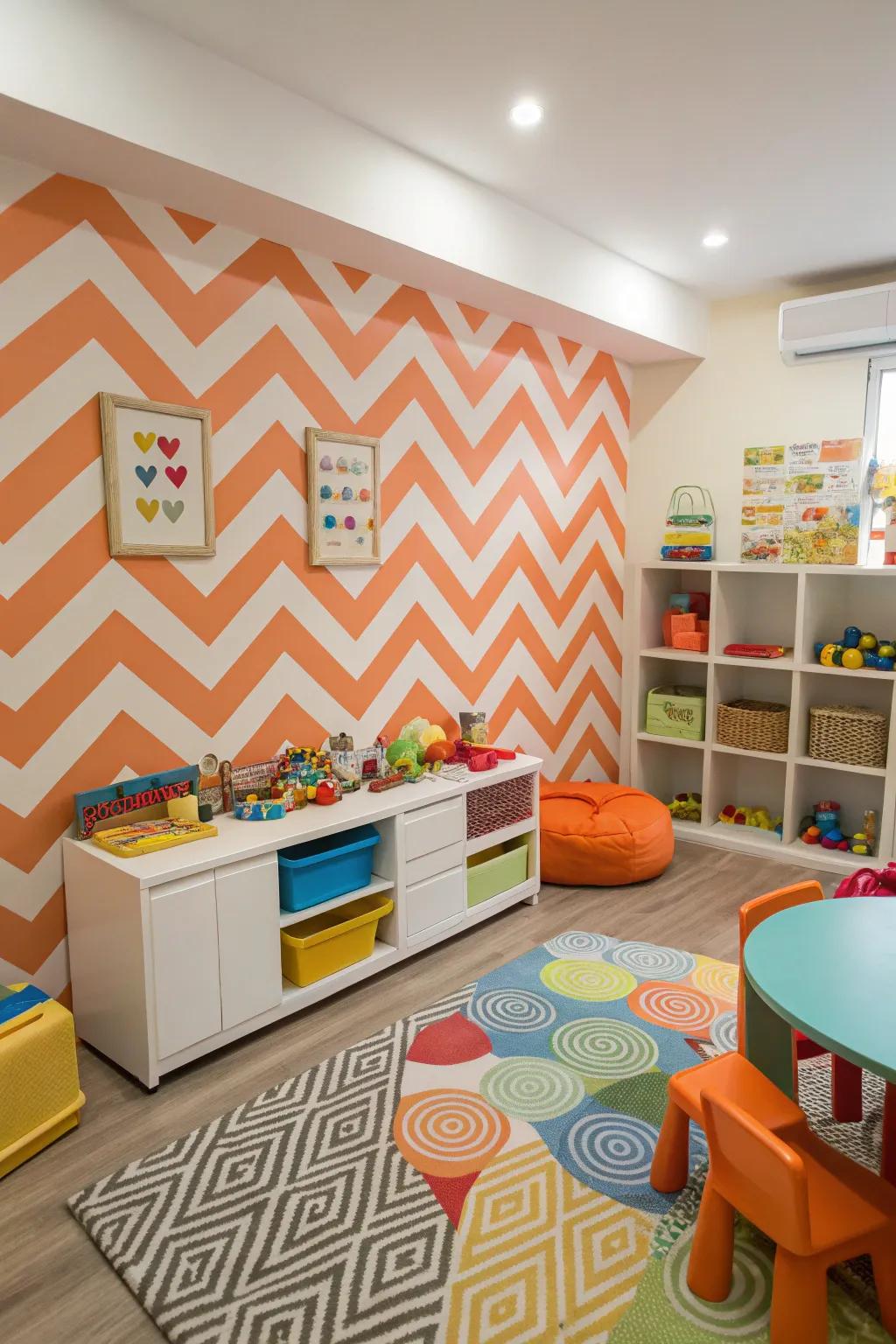 A playroom bursting with cheerful energy, thanks to its tangerine and white chevron walls.