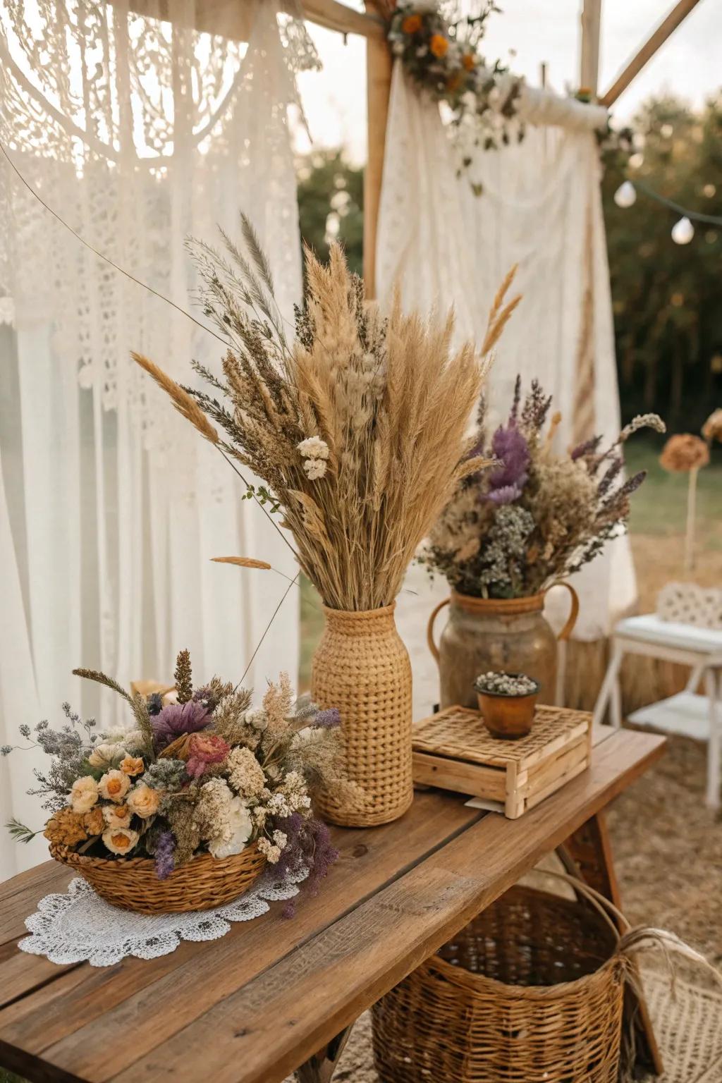 Perpetual parched blossom compositions for an enduring boho wedding.