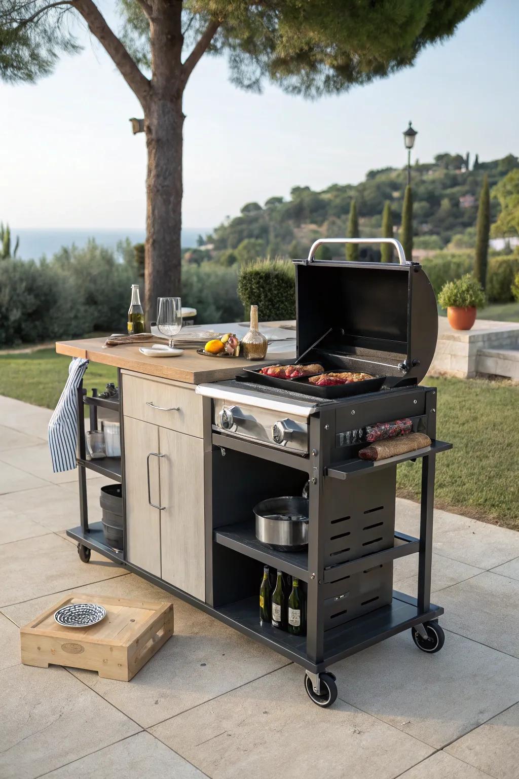 A versatile outdoor kitchen island cart, easy to move as needed.