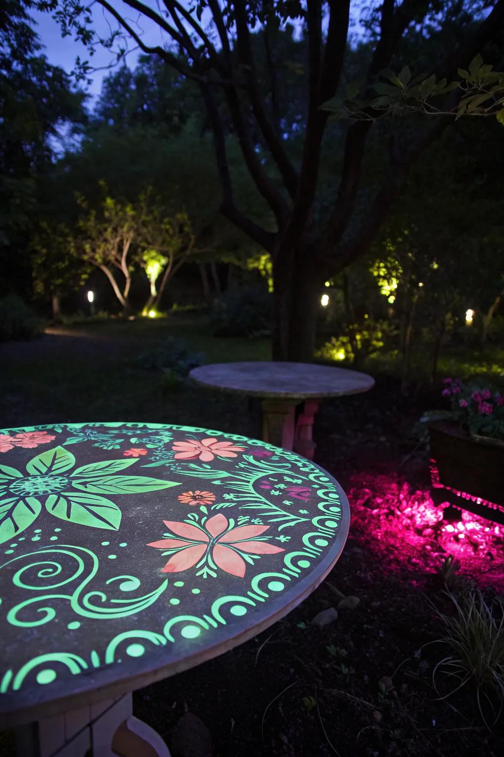 Radiance after dark table tops fashion magical effects in the garden at night.