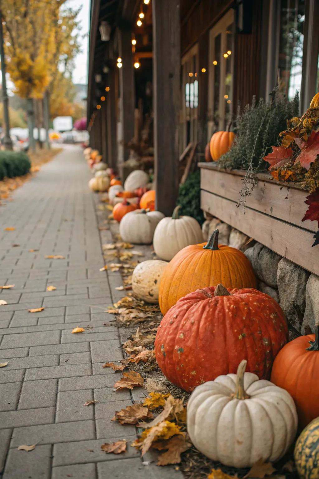A charming pumpkin display welcomes visitors to your outdoor area.