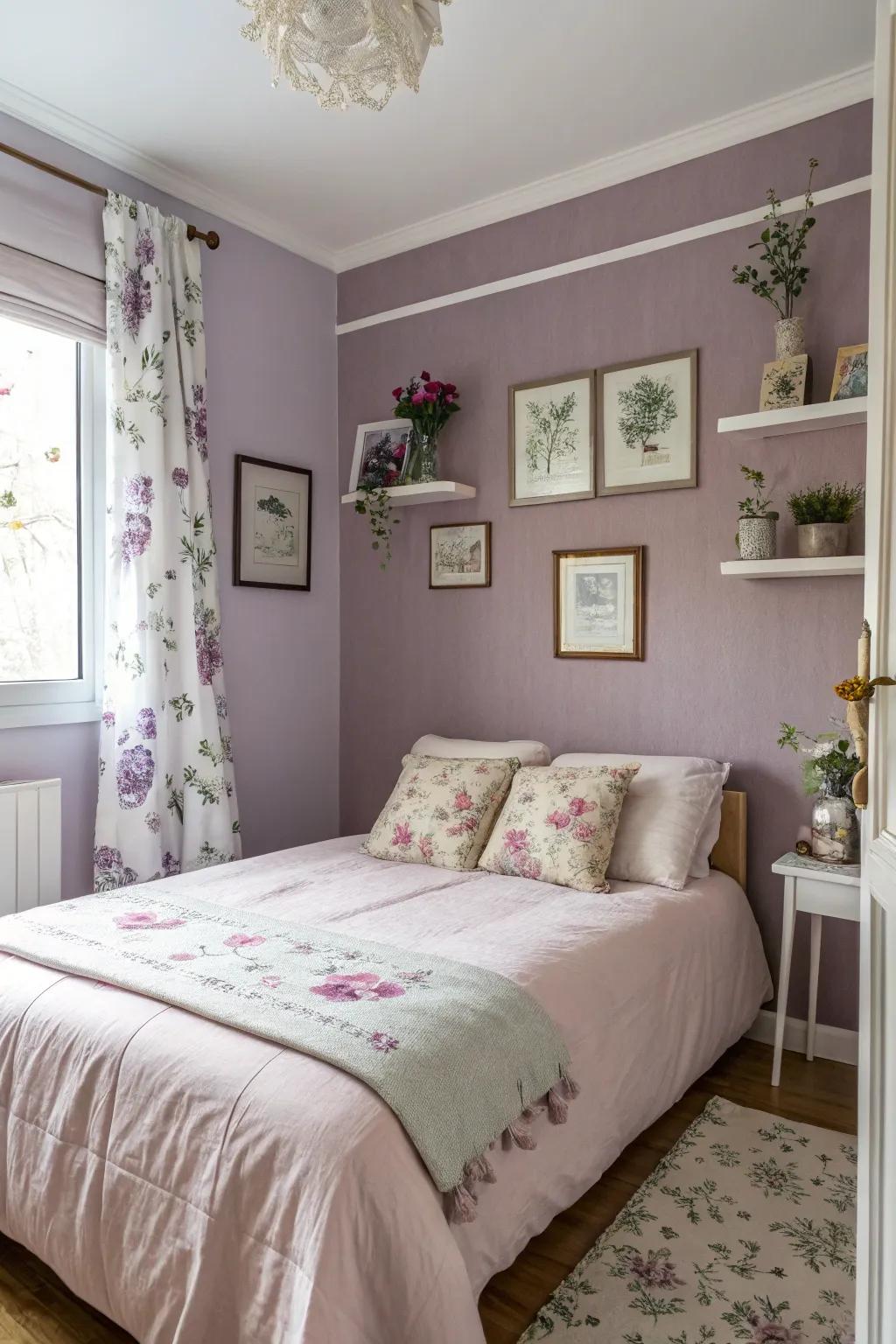 Gentle lavenders cultivate a serene and soothing atmosphere in small bedrooms.
