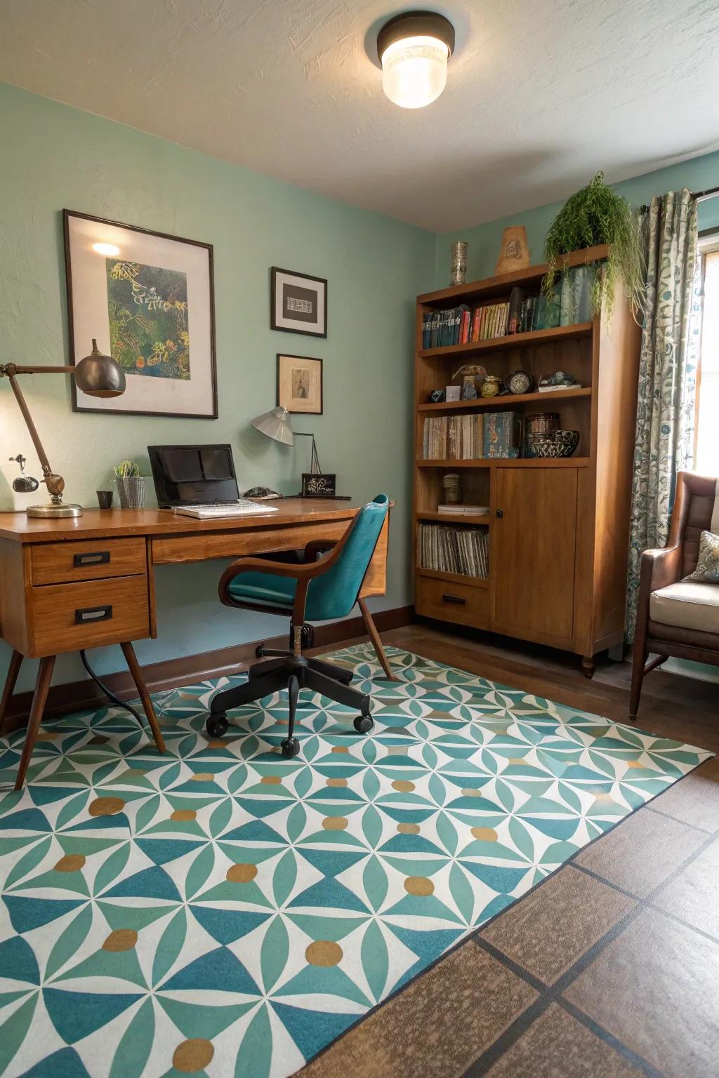 A home office with vintage recording painted floors, offering a retro and nostalgic charm.