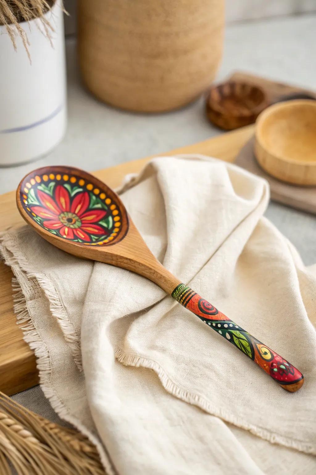 Revamp your culinary space with a dash of color: beautifully decorated wooden scoops merge simplistic design with bohemian appeal.