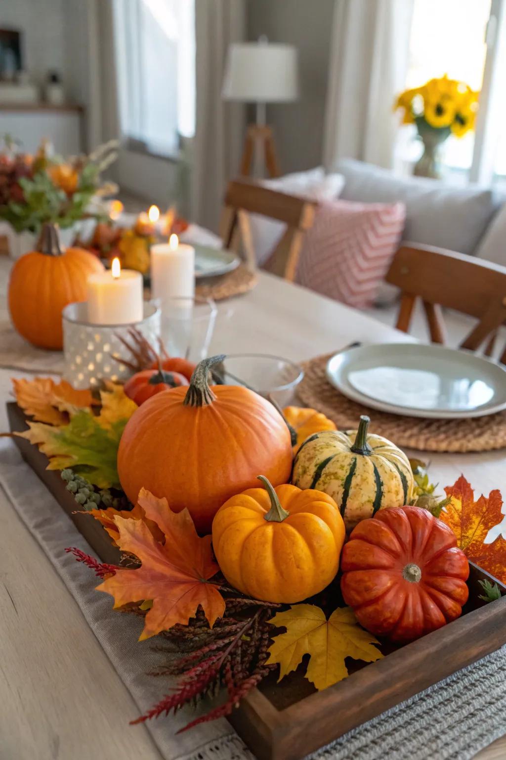 A snug fall centerpiece featuring squash and foliage.