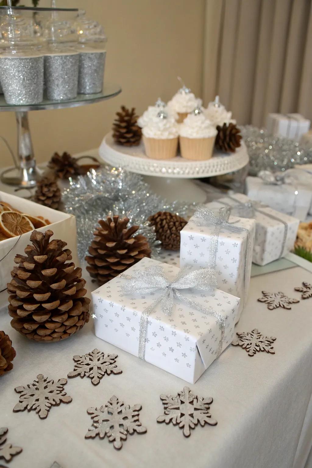 A winter-themed party favor table featuring seasonal accents.