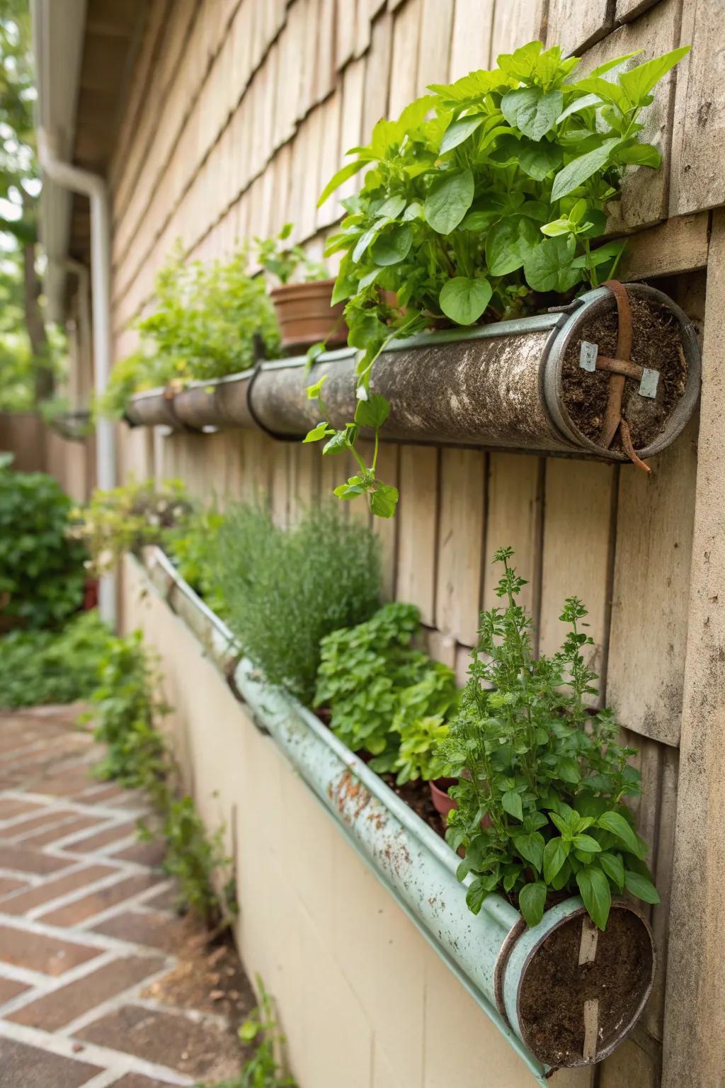 Gutter herb display for small footprint.