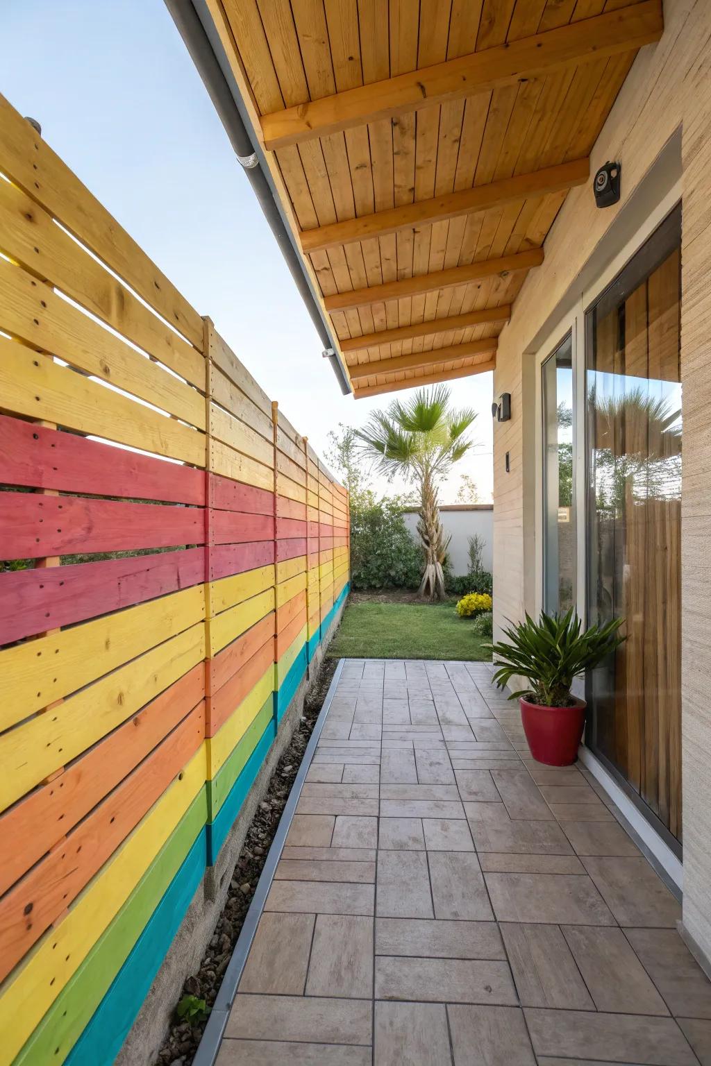 A vibrant patio feature showcasing coated wooden panels.