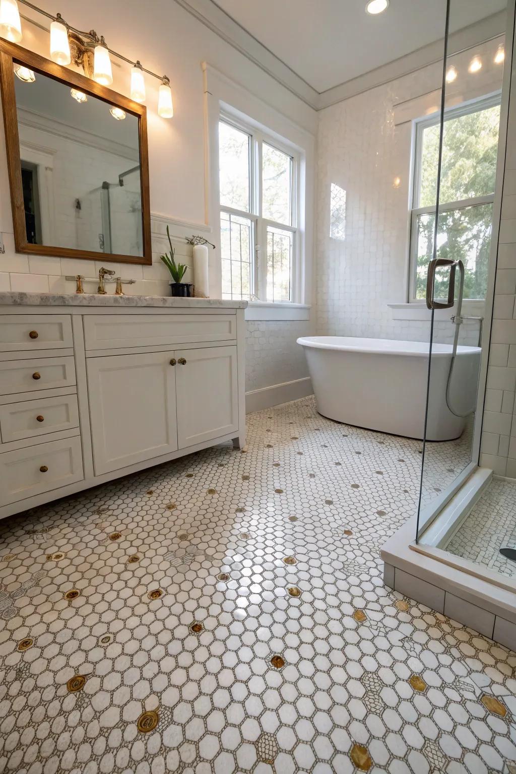 Penny tiles enhancing the lighting in a radiant bathroom.