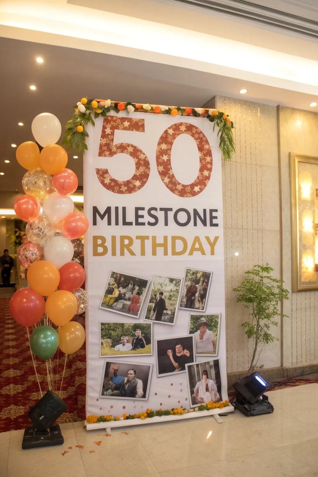 A milestone birthday banner with large numbers and photos.