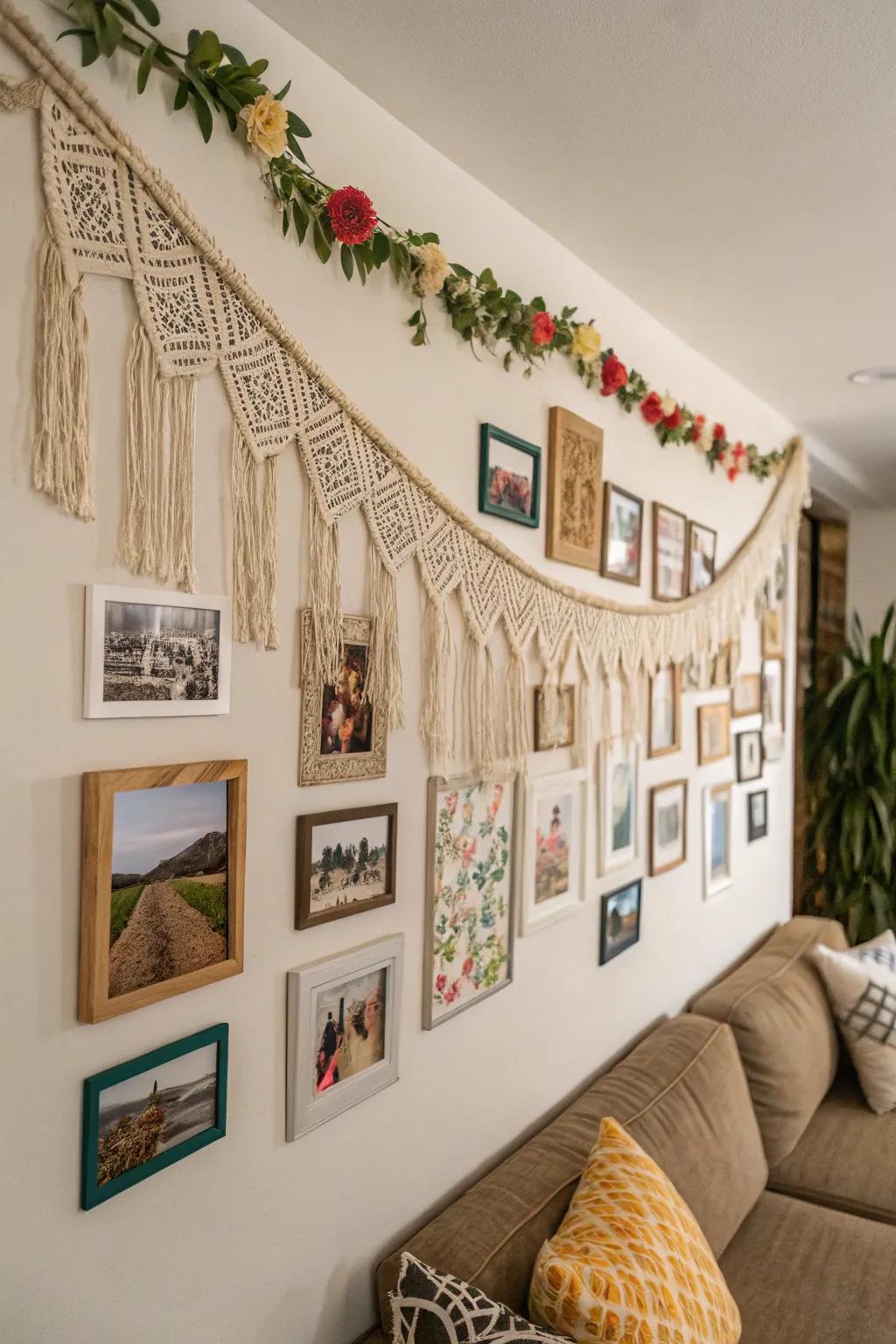 A photo backdrop with woven hangings and fabric swags, delivering an inviting boho-chic aesthetic.