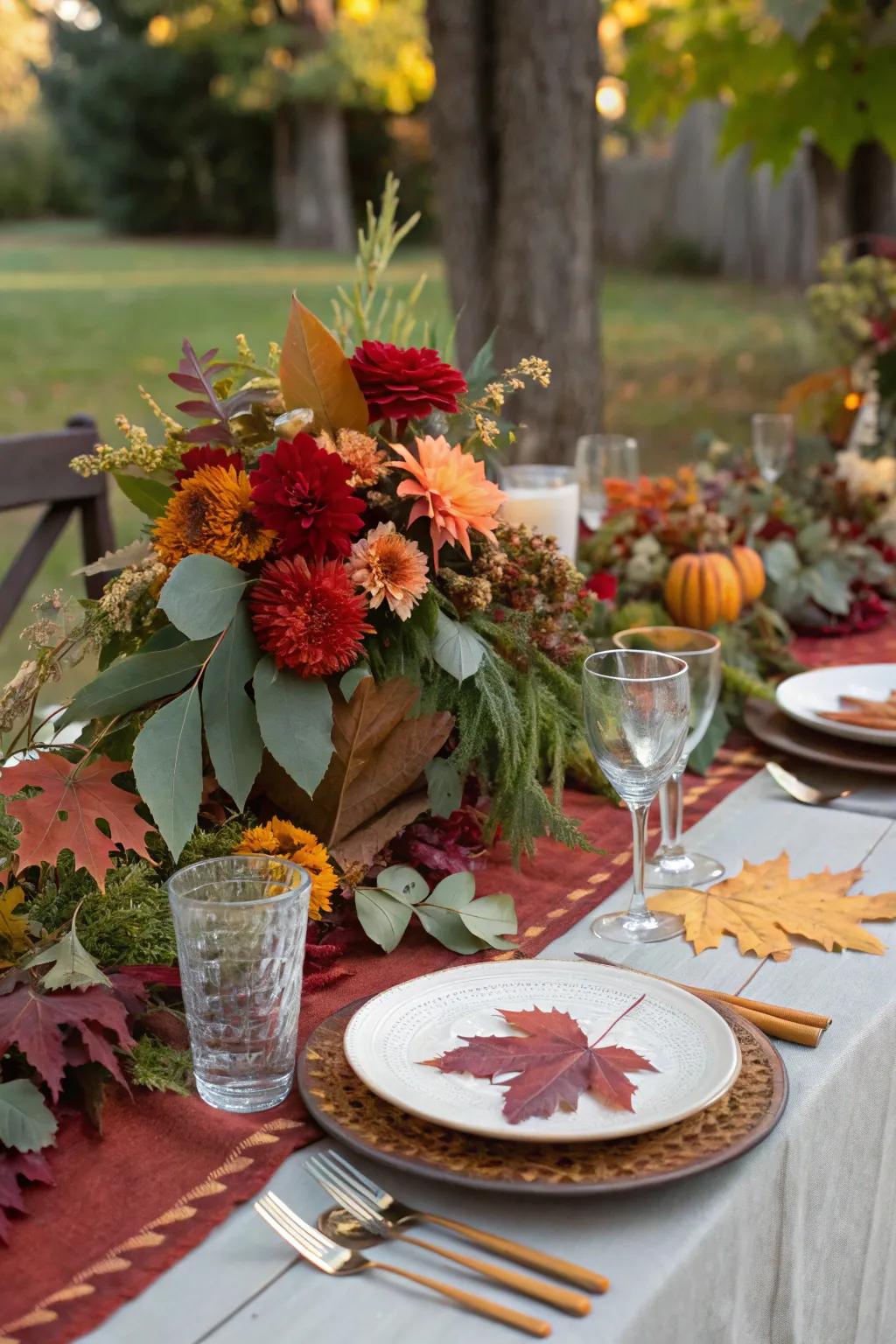 A seasonal tablescape with natural pieces like leaves and flowers.