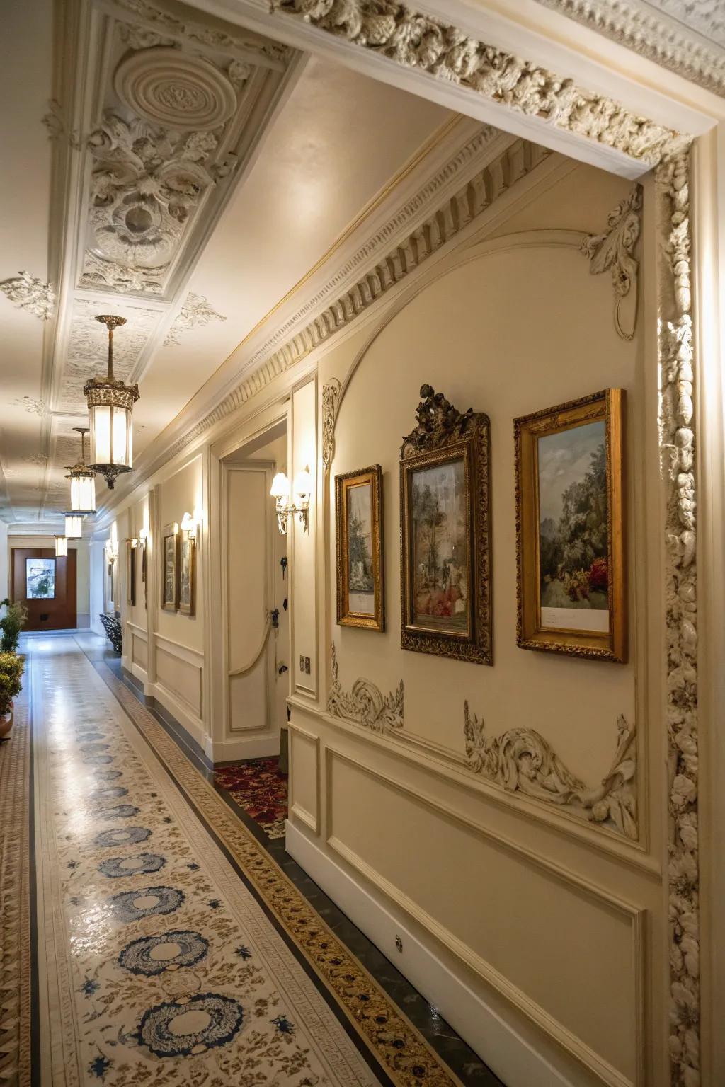 Give hallways character with decorative paneling.