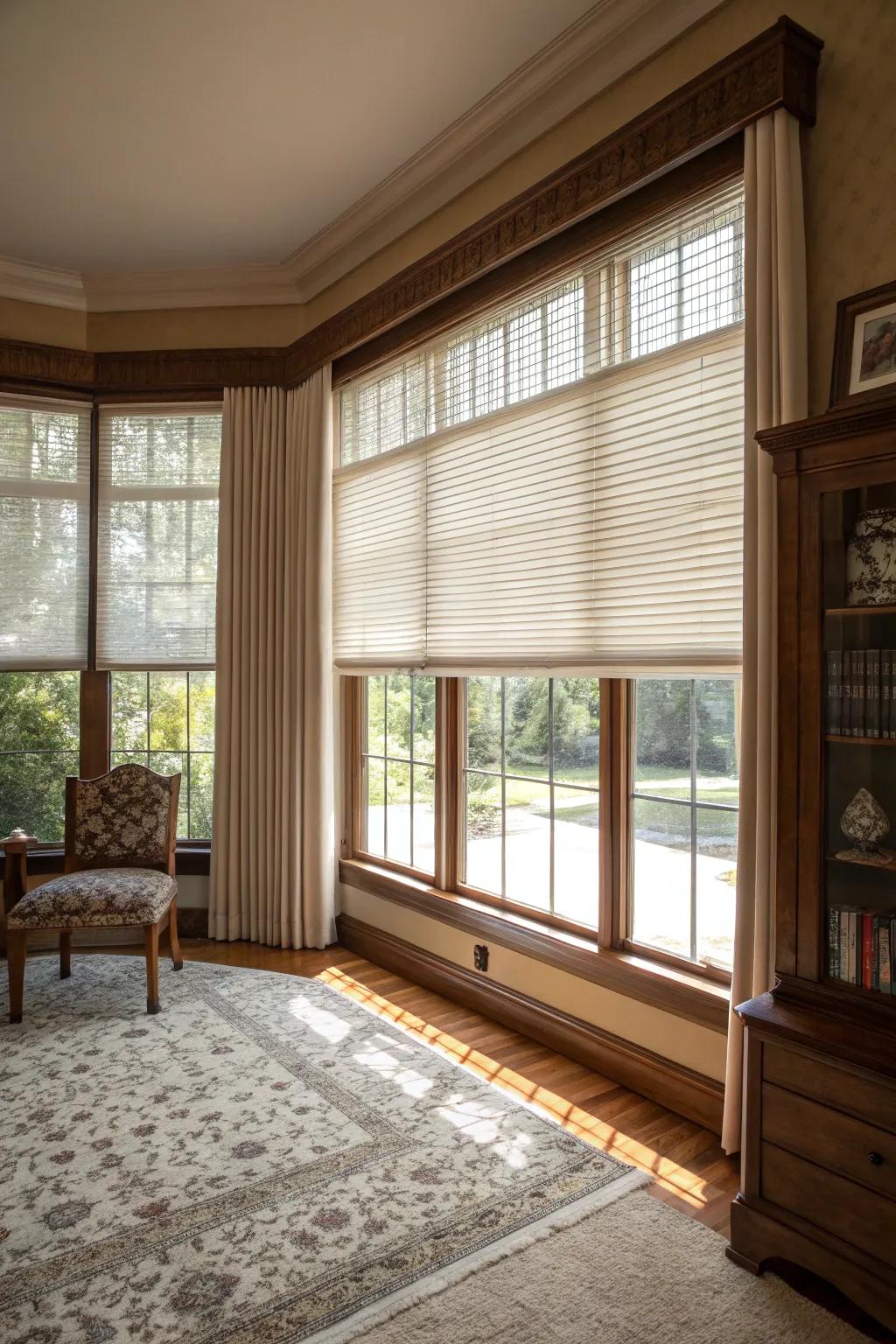 Traditional home featuring vertical blinds for light control on a large picture window.