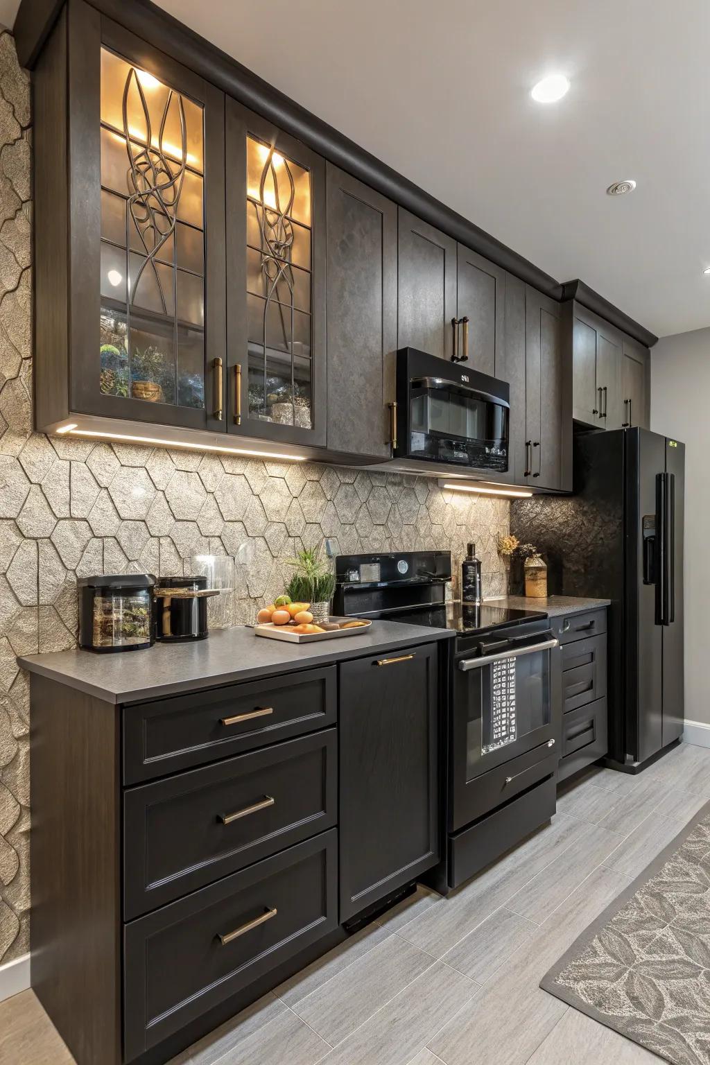 Textures add depth to a sleek cooking area space.