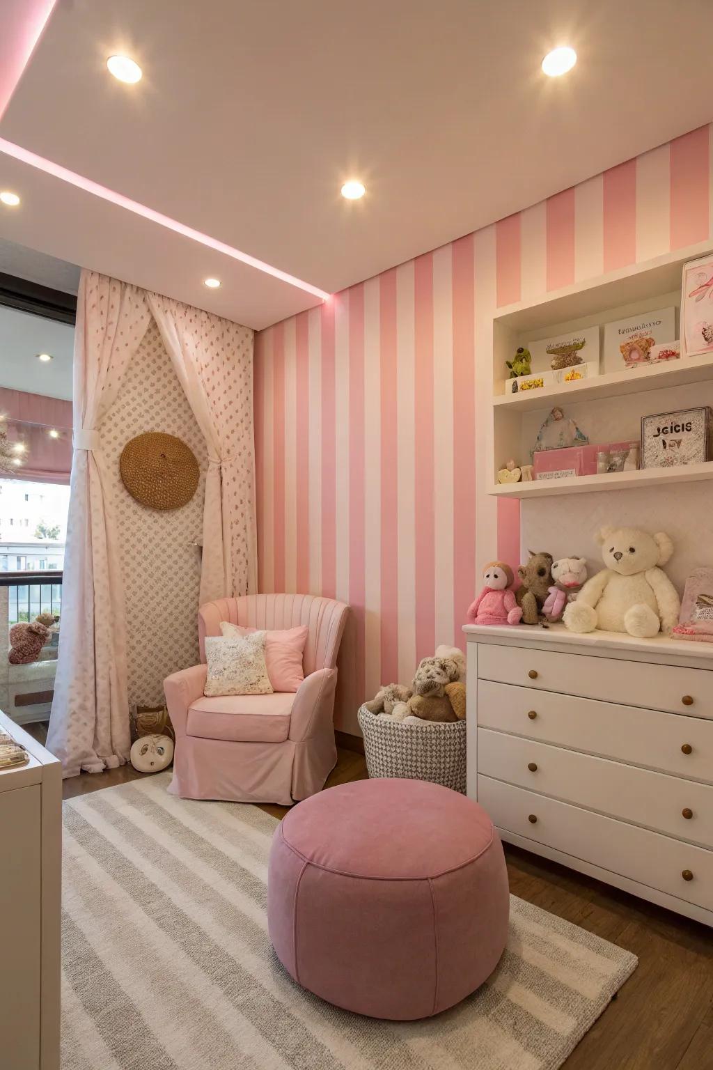 A nursery via chic rose ranks that infuse a spirited rhythm.