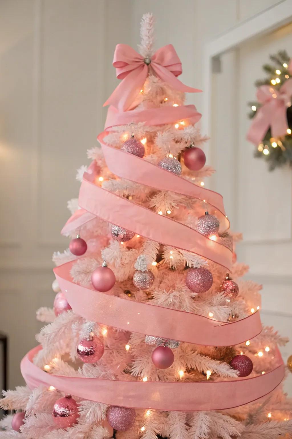 Layered ribbons add a hint of luxury to this pink tree.