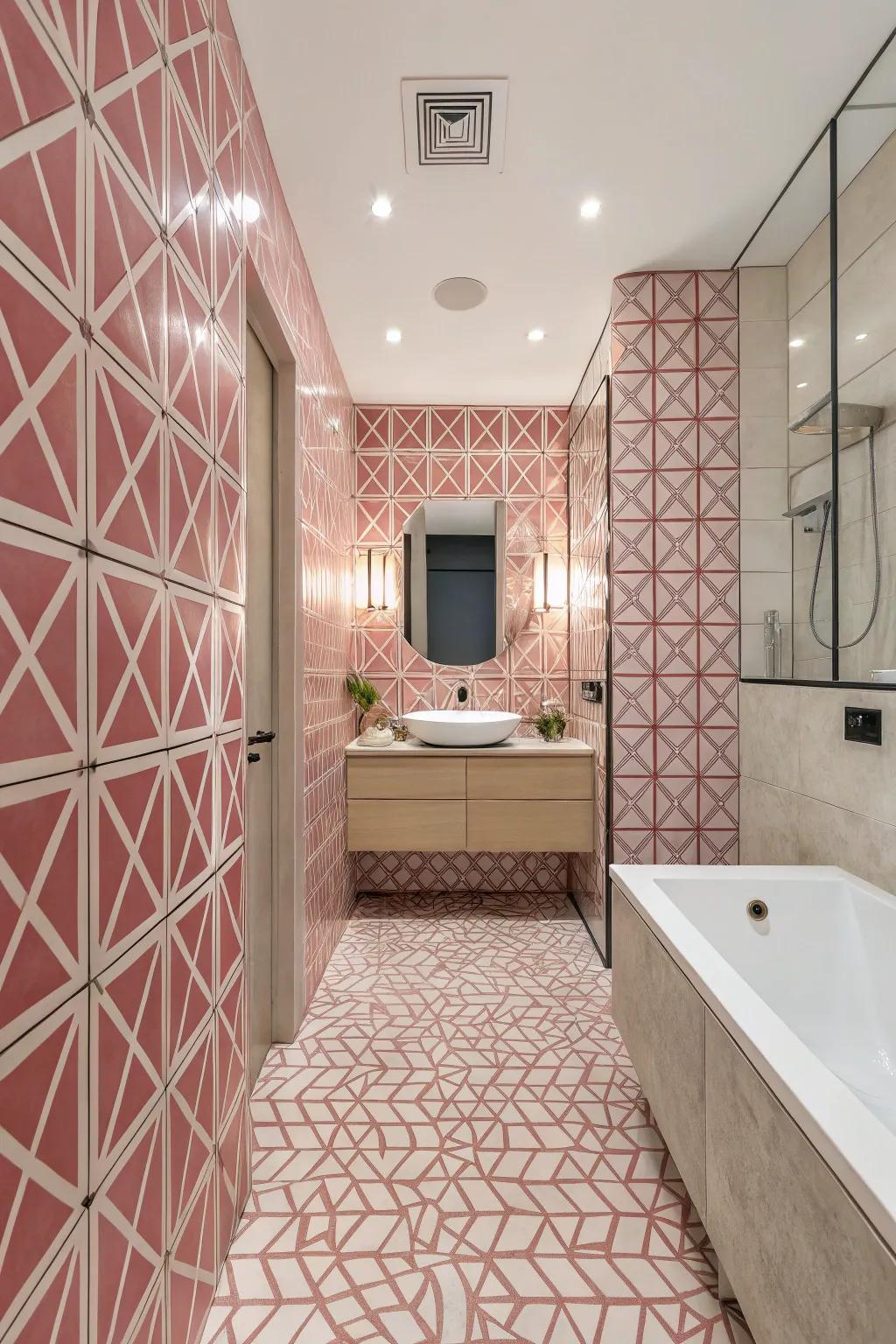 Geometric pink tiles that add a modern touch to the bathroom.
