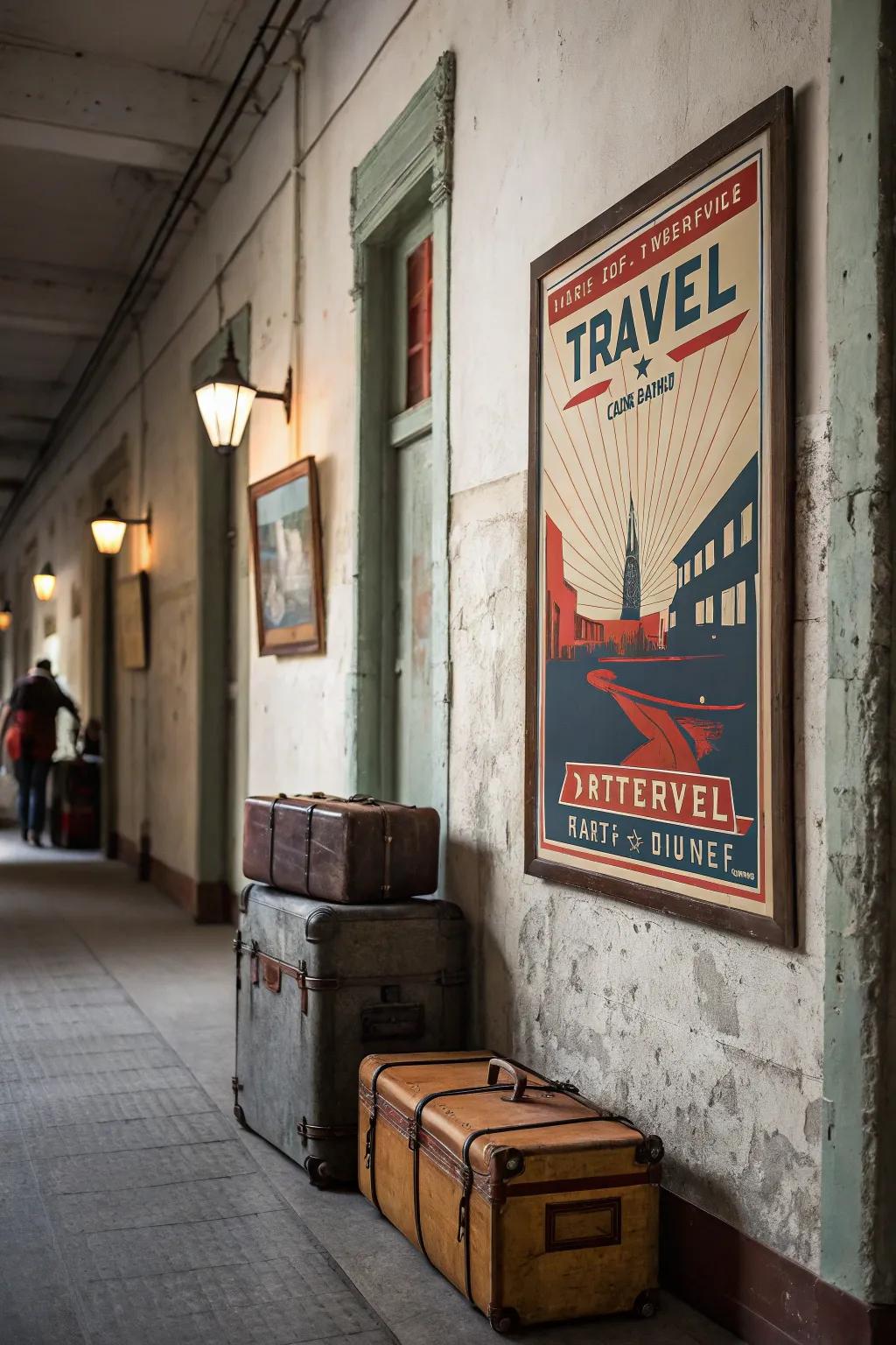 A classic style travel wall art creating nostalgia in an entrance.