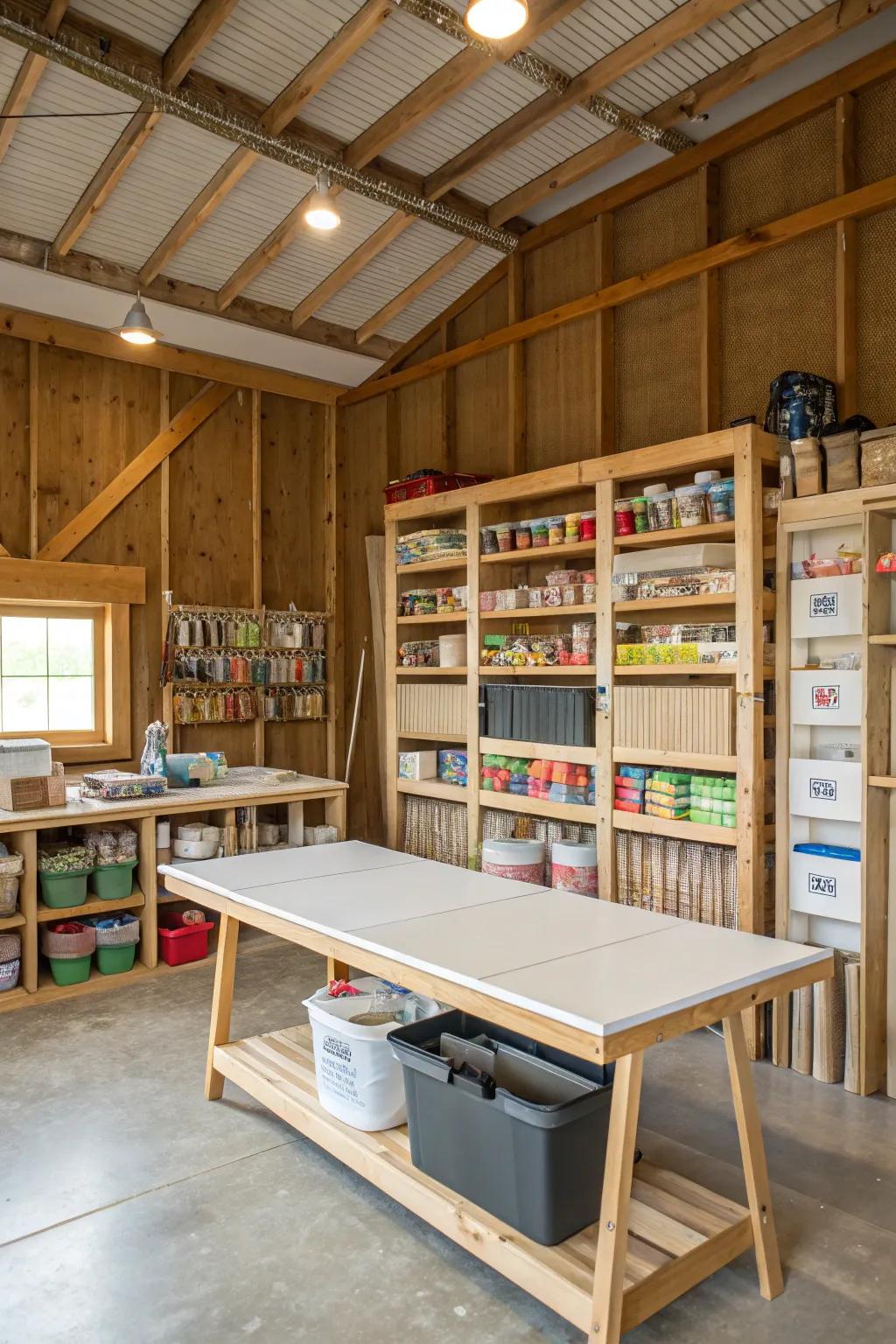 A crafting area in a pole barn featuring lots of workspace and storage.
