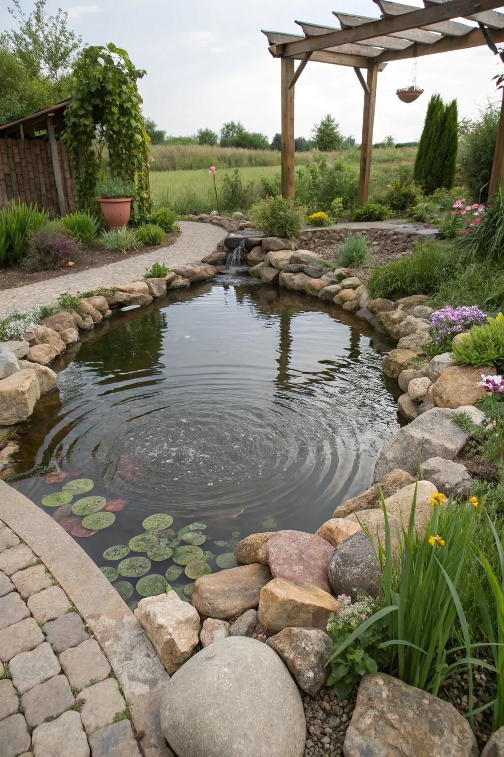 A rustic unprotected natural pond within a backyard garden.