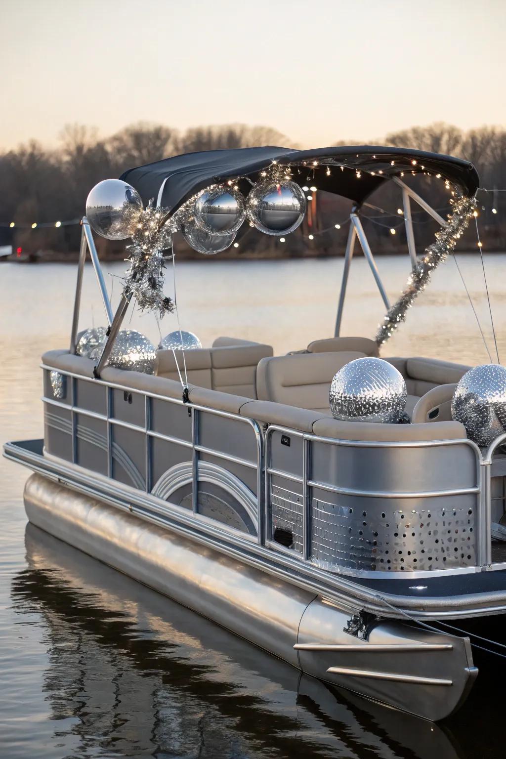 A futuristic-themed pontoon boat with metallic flair and modern style.