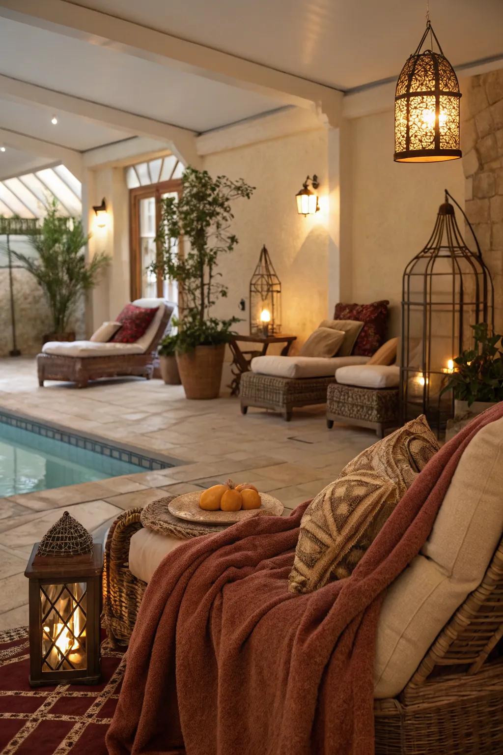 Warm fabrics and comfortable decor create an inviting atmosphere.