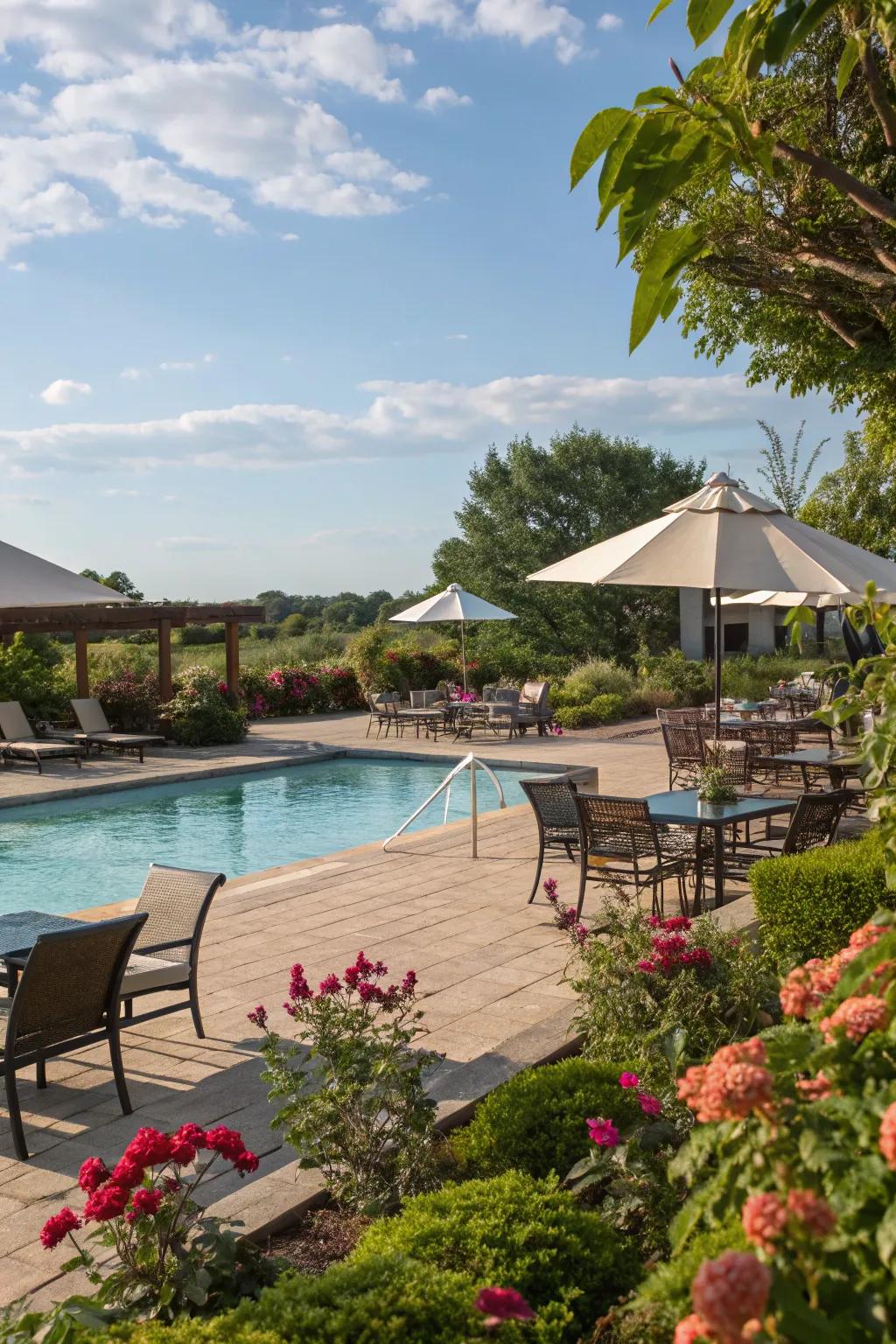 Multiple shade zones providing versatility for various poolside activities.