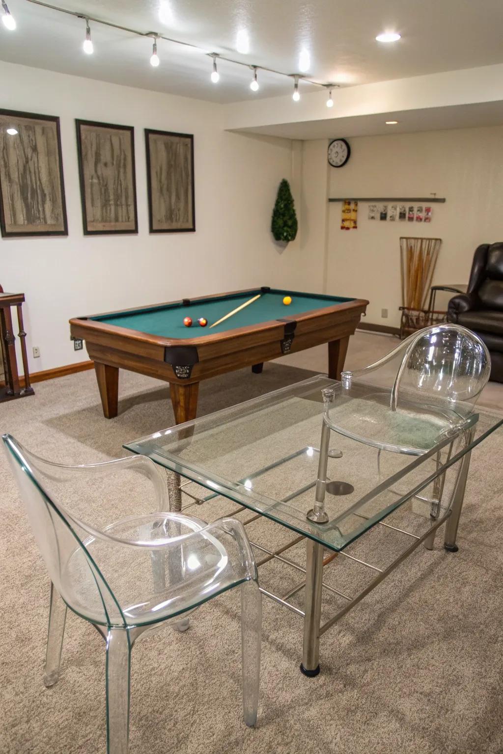 Clear accents create a sense of openness in a small pool room.