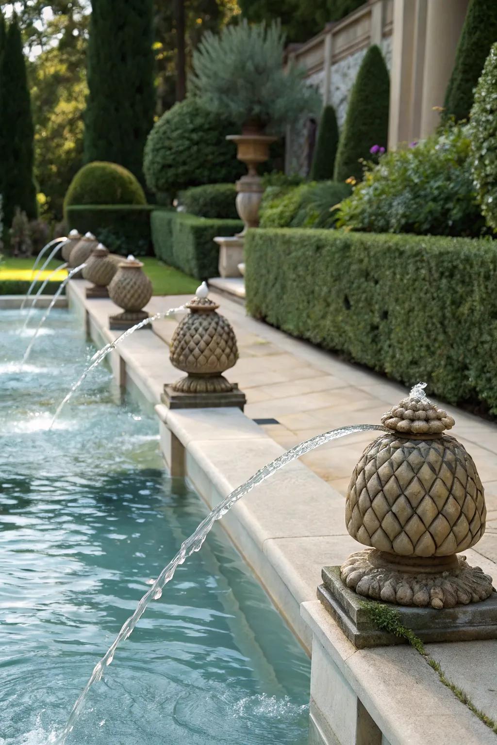 Scuppers and spouts provide customizable water flow aesthetics.