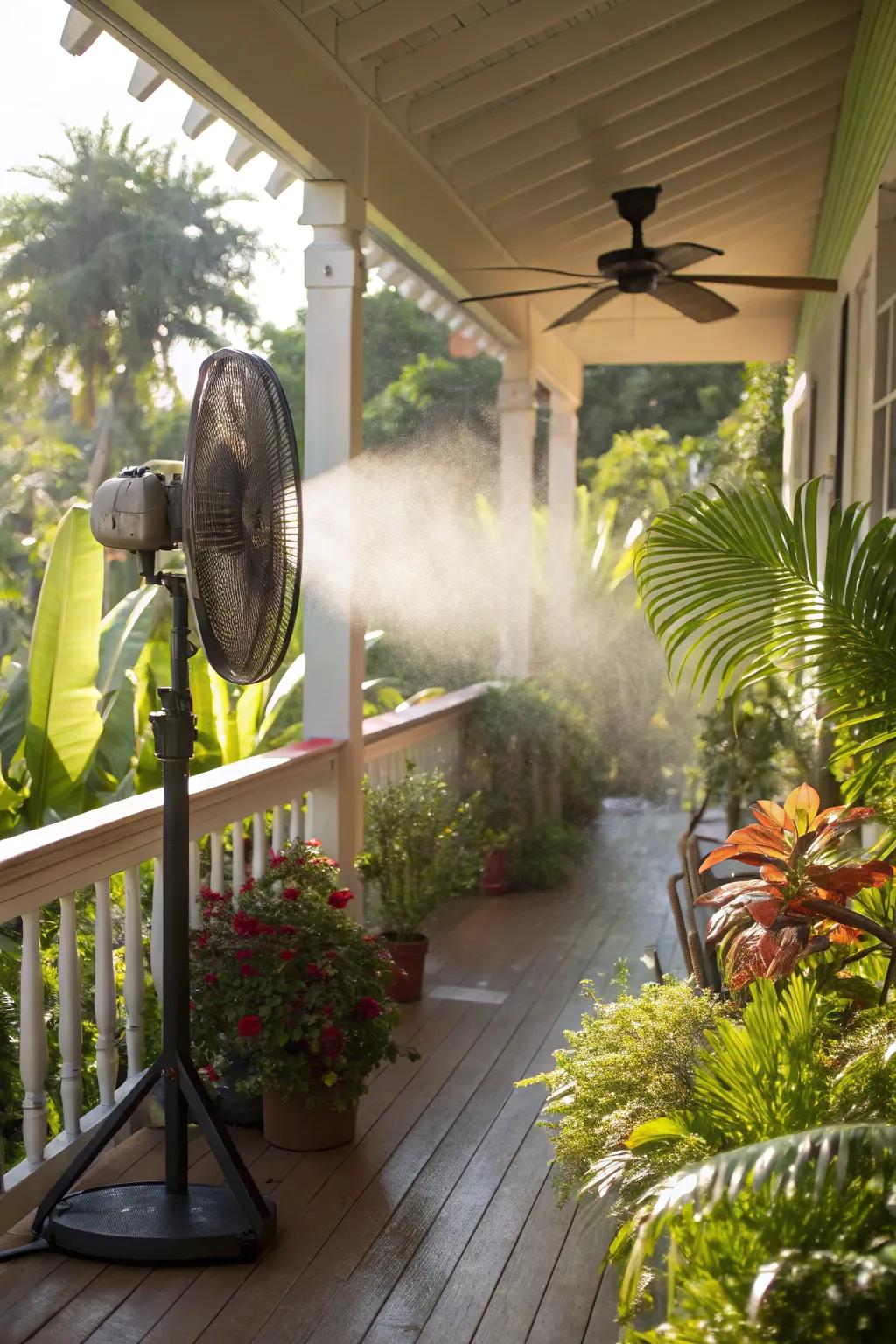 A misting air circulator offers a refreshing cooling mist on this sunny porch.