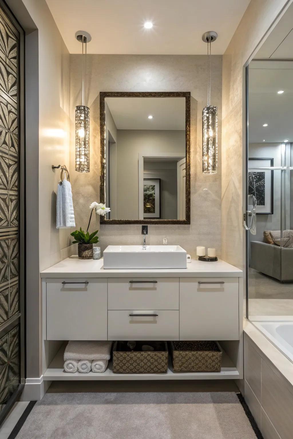 A modern powder room featuring a area-saving floating vanity.