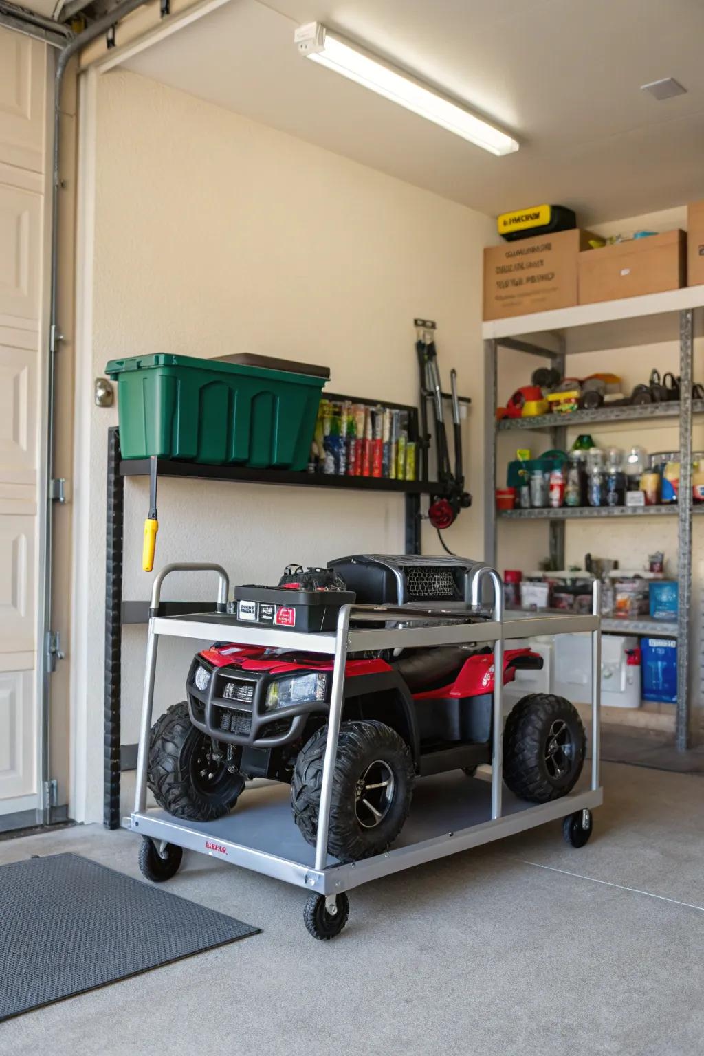 A rolling cart providing flexible storage for motorized toys.