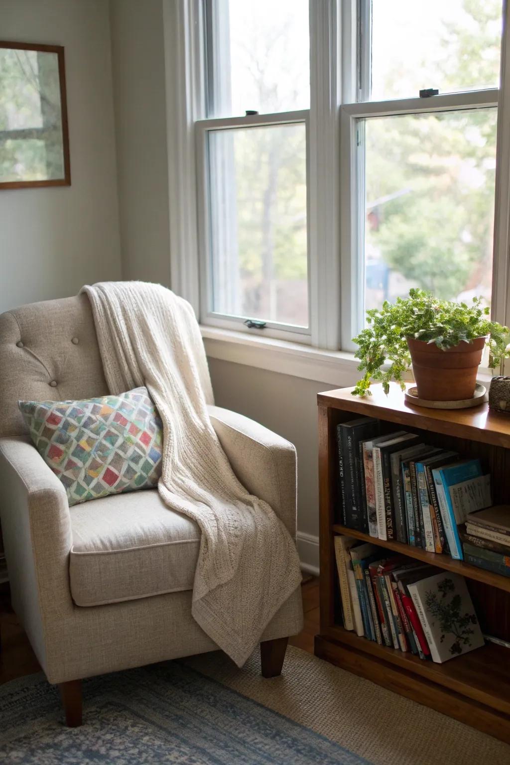 An inviting reading space encourages relaxation and literary escape.